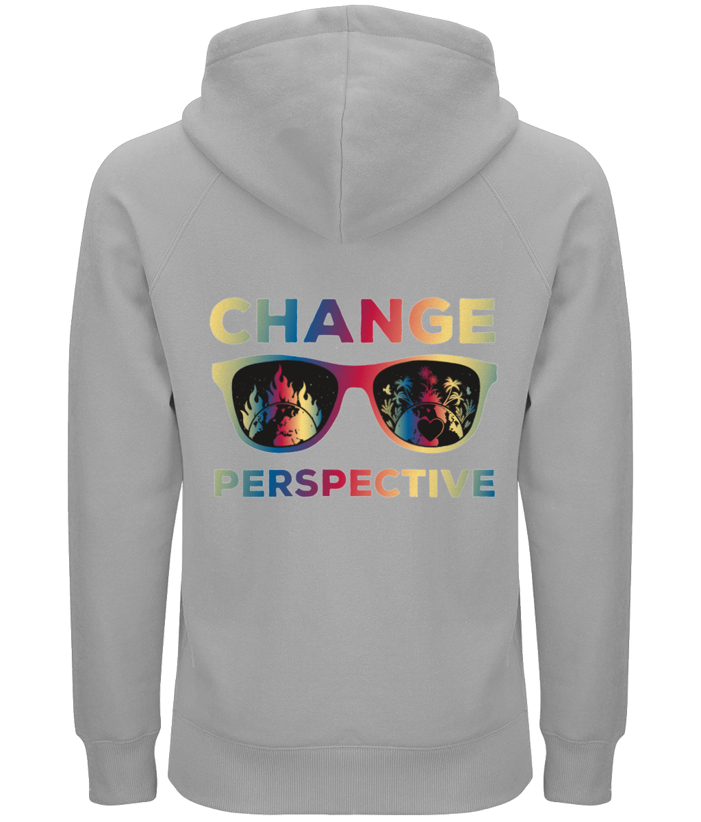 ''Change Perspective'' Premium Organic Grey Hoodie Multi Coloured Design